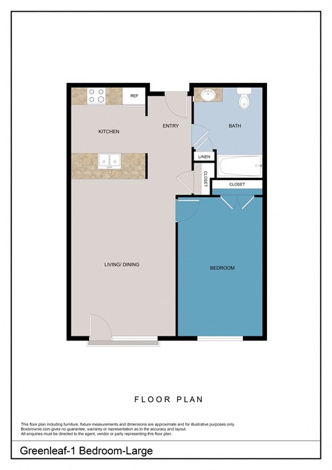 Floor plan for 1 bed, 1 bath, 673 sqft